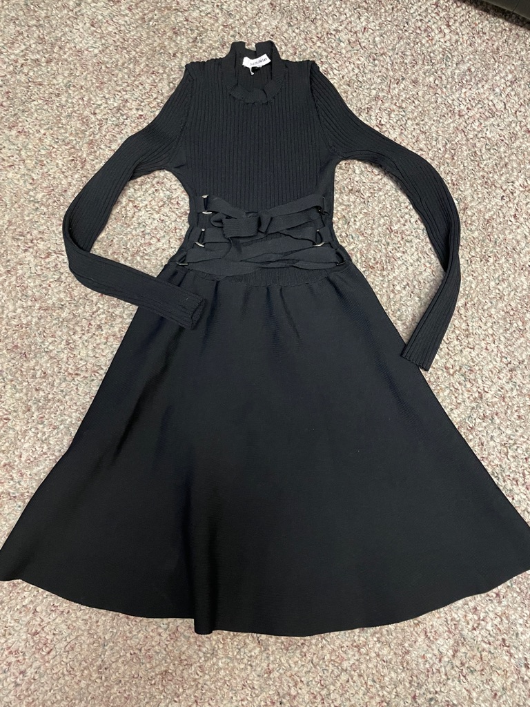 Judith & Charles Black Long-Sleeve Ribbed Bandage Knit Corset Tie Belt Dress